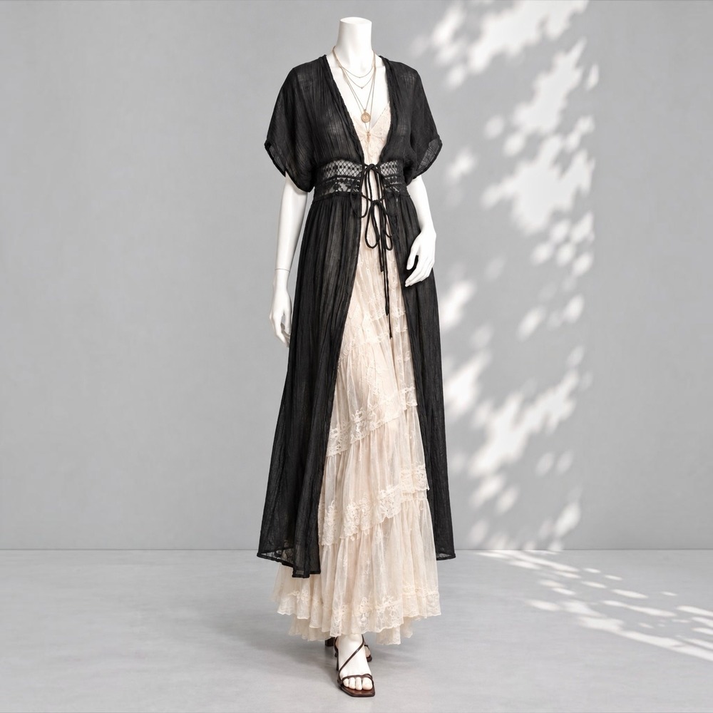 Whimsigoth Black Sheer Duster OS/M Lace Tie Front Witchy Dark Romantic Maxi